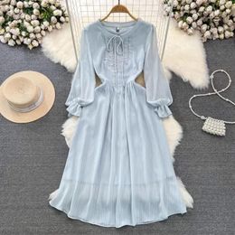 Casual Dresses Vintage Dress Women 2023 Puff Sleeve Solid Color Vestidos Femenino Womens O-Neck Party Autumn Spring Drop