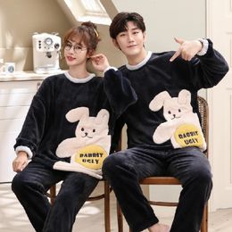 Women's Sleep Lounge Unisex Flannel Sleepwear Set Women Men Winter Warm Fleece Couples Pyjamas Set Lovers Nightshirt Cute Cartoon Pijamas Home Cloth 231212