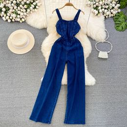 Women s Jumpsuits Rompers Vintage Female Summer Denim 2023 Fashion Sleeveless Backless Casual Simple High Waist Straight Wide Leg Pants 231212