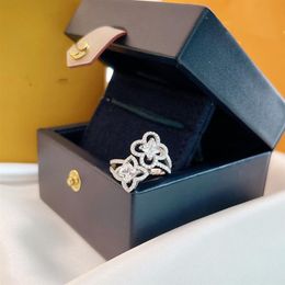 Luxury Brand Designer Ring Les Ardentes Top Sterling Silver Crystal Four Leaf Clover Double Flower Charm Open Ring With Box For Wo220B