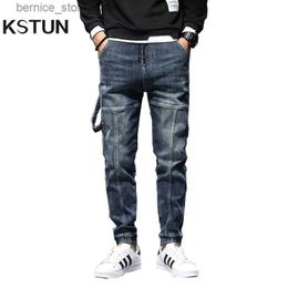 Men's Jeans Men Jeans Slim Fit Stretch Blue Casual Jogging Pants Patchwork Streetwear Fashion Desinger Elastic Waist Drawstring Oversize 42 Q231213