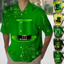 Men's T Shirts Mens St. Day Shirt Festive Gold Print Green Lapel Short Sleeve Streetwear Holiday Geometric