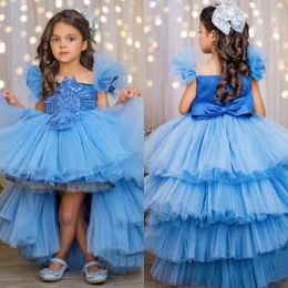 Elegant Long Blue Flower Girl Dresses Sleeveless Tulle with Bow Lace Applique Ball Gown Floor Length Custom Made for Wedding Party