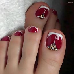 False Nails 24pcs Retro Red Toenails With Gold Crystal Design French Full Cover Square Head Artificial Toe Wearable Detachable