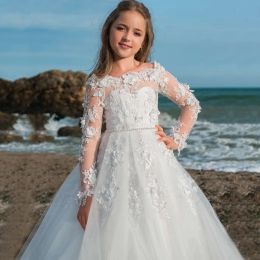 New Arrivals Long Flower Girl Dresses Jewel Neck Tulle with Lace Appliques Full Sleeves Ball Gown Floor Length Custom Made for Wedding Party