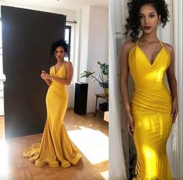 2023 Sexy Yellow Evening Dresses With Pleats Spaghetti floor Length custom Made Long Prom dresses Backless Special Occasion Dresses