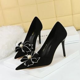 Dress Shoes Luxury High Heel Women Shoes 10cm Thin Heel Super High Pointed Diamond Pearl Bow Single Shoe Party Shoes Banquet Shoes Large 43 231212