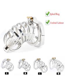 CBT Male Chastity Belt Device Stainless Steel Cock Cage Penis Ring Lock with Urethral Catheter Spiked Ring Sex Toys For Men S1793844