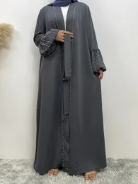 Ethnic Clothing Eid Abaya For Women Muslim Dress Beading Lantern Sleeve Dubai Ramadan Cardigan Pearls Abayas Jalabiya Belt Kaftan Robe Arab
