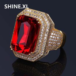 Hip Hop New Design Square Cut Ruby Ring Real Gold Plated Jewellery for Women Fashion Engagement Wedding Ring2180
