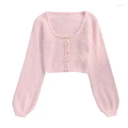 Women's Sweaters Christmas Sweater Women Cropped Pink Long Sleeve Top Flower Knitted Kawaii Clothes Cute Vintage