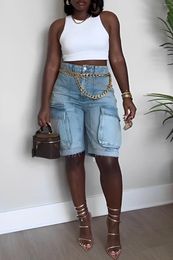 Women's Shorts LEDP 2023 List High-end Solid Safari Style Denim Free Overalls Pocket Fashion Short Pants High Waist Women Knee Length