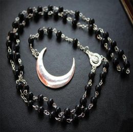 Pendant Necklaces Long Gothic Crescent Moon Pentagram NecklaceSpirit Rosary Necklace Wicca Pagan Black Beads Charm Jewelry5012065