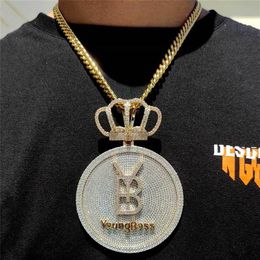 High Quality Gold Plated Full Bling CZ Diamond Round Crown Letter Pendant Necklace for Mens Women with 3mm 24inch Rope Chain Hip H206u