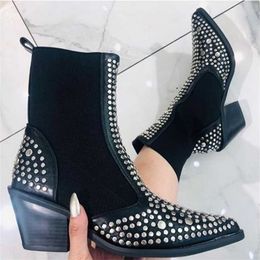 Boots autumn and winter womens boots sexy pointed cowboy style large rivet elastic women shoes 230830