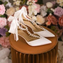 Sandals Spring/Summer Pointed Hollow Silk Bow Pearl T Wedding Shoes With Thin High Heels Banquet Dress Versatile Suede Women