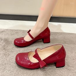 Dress Shoes Fashion Women Mary Janes Pumps Patent Leather Thick Heel Buckle Round Toe Female Footwear Pink Red Sandalias Mujer
