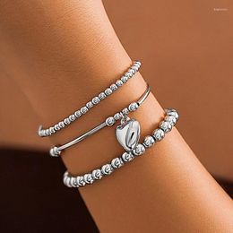 Link Bracelets Silver Color Multilayer Handmade Beaded Metal Bracelet For Women Girls Fashion Simple Heart Pendant Jewelry Gifts