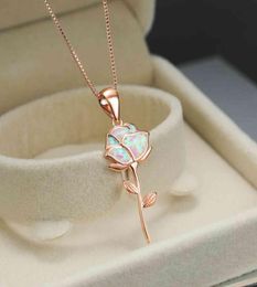 One Piece White Opal Rose Gold Flower Pendant Necklace For Women France Romantic Box Chain Wedding Neck Jewelry Gift3470306