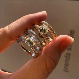 Luxury Female White Round Crystal Jewelry Rose Gold Silver Color Wedding Rings For Women Cute Bridal Zircon Engagement Ring Set322q