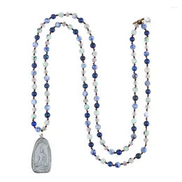 Pendant Necklaces KELITCH Blue Colour Lucky 925 Silver Buddha Wooden Agate Beaded Long Crystal