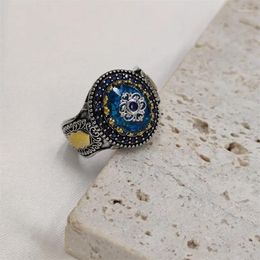 Cluster Rings Design Blue Crystal Stone Turkish Handmade For Women Trendy Vintage Banquet Double Colour Jewellery Gifts Y2k Accessories