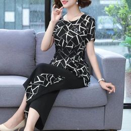 Women's Two Piece Pants 2024 Fashion Chiffon Top Short Sleeve Set Middle Aged Mom's Wide Leg Summer Two-Piece Suit 5XL