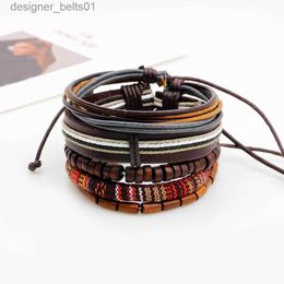 Charm Bracelets 345pcs/set Gypsy Hippie Punk Tibetan Light Dark Brown Wood Beads Wr Leather Cord Layers Stackable Bracelets Bangle Set for ManL231214