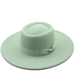 Solid Colour Autumn Winter Fashion Wool Simple Round Flat Top Vintage Wide Fedoras Hats For Women Brim Chain Ribbon 2112279486667