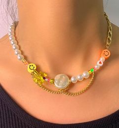 Chokers Korean Creative Yellow Orange Face Bear Pearl Beaded Necklace For Women Asymmetry Splicing Metal Chain Choker Fun Design J9912260