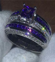 2018 Couple Anniversary ring Set 10KT White Gold Filled Engagement wedding band rings for women Purple 5A zircon Jewellery Gift4977466