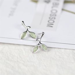 Stud Leaf Shape Earring 925 Sterling Silver Earings For Women Opal Green Stone Ear Pierced Earings1243e