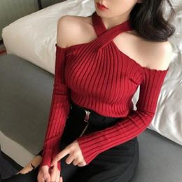 Women's Sweaters Women Halter Sexy Cropped Off Shoulder Pullovers High Street Stylish All-match Basic Solid Red Slim Knitting Jumpers