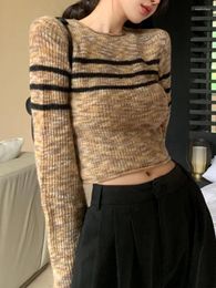 Women's Sweaters Striped Sweater Women Autumn Korean Fashion Flare Sleeve Cropped Knit Pullover Female American Retro Girl Y2K Slim Knitwear