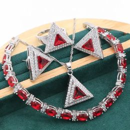 2021 Geometric Red Stones Silver Jewellery Set for Women Bracelet Stud Earrings Necklace pendant Ring3041