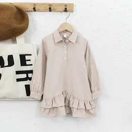 Girl Dresses Fashion Autumn Baby Girls Beige Double Flounce Button Decorated Pullover Shirts Blouses Patchwork Kids Outwears