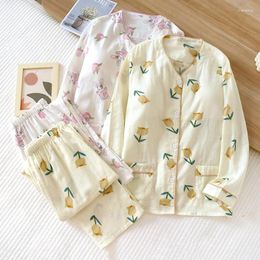 Women's Sleepwear Fresh Floral Chest Pad Pyjamas Sets Women Gauze Cotton Summer Japanese Simple Long Sleeve Pyjamas