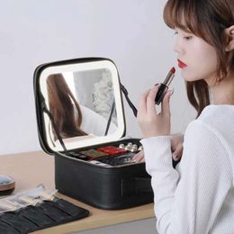 Bags Makeup Train with 3 Color Brighess LED Mirror Cosmetic Travel Case Adjustable Dividers Toiletry Bag for Lady Q231108