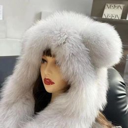 Berets 2023 Winter Thickened Bear Hat Scarf All-in-one Female Version Fashion Cycling Warm Real Fur Snow Cap Womens