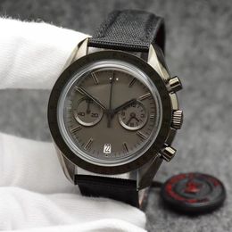 44MM Quartz Chronograph Grey Dial Mens Watches Moonwatch Black Leather Strap Dark Side of the Ring Showing Tachymeter Markings Wri2801