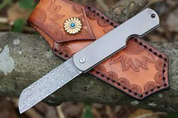 New M7691 Pocket Folding Knife 8Cr13Mov Damascus Steel Blade CNC Finish Titanium Alloy Handle Outdoor EDC Gear Fruit Knives with Leather Sheath