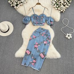 Women s Sweater 2 Piece Set Denim Fashion Female Flower Print Chic Sexy Sling Crop Top High Waist Irregular Split Skirt Summer Lady Suit 231212