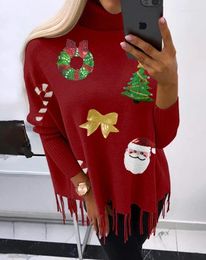 Women's Sweaters Sweater Autumn Christmas Wreath Pattern Contrast Sequin Tassel Casual Turtleneck Long Sleeve Daily Pullover