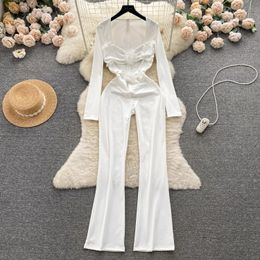 Women s Jumpsuits Rompers High Quality Elegant Jumpsuit For Autumn Wear Hollowed Out 3D Flower Waist Slimming Fit Bodysuit Top And Pants 231212