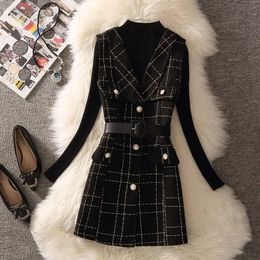 Two Piece Dress Two Piece Dress Autumn Winter 2 Piece Sets Tweed Vest Sweater Suits with Sashes Buttons Slim Streetwear Fashion Women Small Fragrance Suit 231212