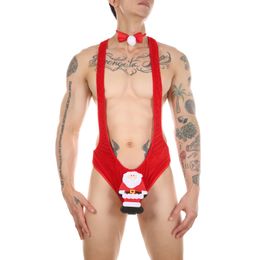 Conjunto sexy masculino lingerie de natal roupa interior de uma peça bodysuit mankini papai noel cosplay erótico bowtie bolsa