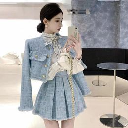 Work Dresses Sweet Girl Fashion Tassel Tweed 2 Piece Set Fall Winter Women Long Sleeve Woollen Short Coat High Waist Pleated Mini Skirt Suit