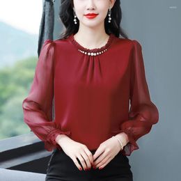 Women's Blouses Spring Autumn Long Sleeved Satin Blouse Patchwork Ruffle Tops Korean Beaded Women White Shirt