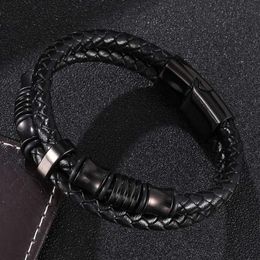 Charm Bracelets Fashion Men Black Leather Bangles Bileklik Pulseiras Stainless Steel Clasp Male Wrist Band Jewellery Gifts320f