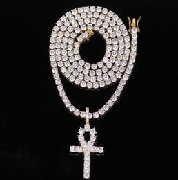 Hip Hop Iced Zircon Ankh Pendant With 4mm Tennis Chain Necklace Set Micro Pave CZ Stones Men Jewelry9084582